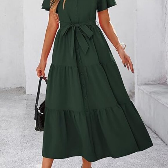 KIRUNDO Button Down Shirt Dress  Maxi Flutter Shoulder - Picture 2 of 6